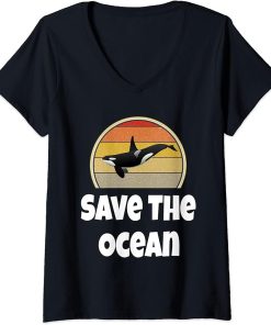 Womens Funny Orca Whale Ocean Sea Retro Save The Ocean Environment V-Neck T-Shirt