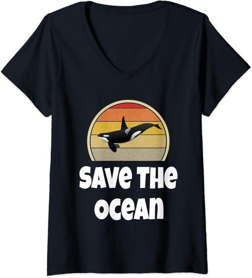 Womens Funny Orca Whale Ocean Sea Retro Save The Ocean Environment V-Neck T-Shirt