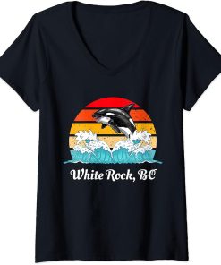 Womens Vintage White Rock BC Distressed Orca Killer Whale Art V-Neck T-Shirt